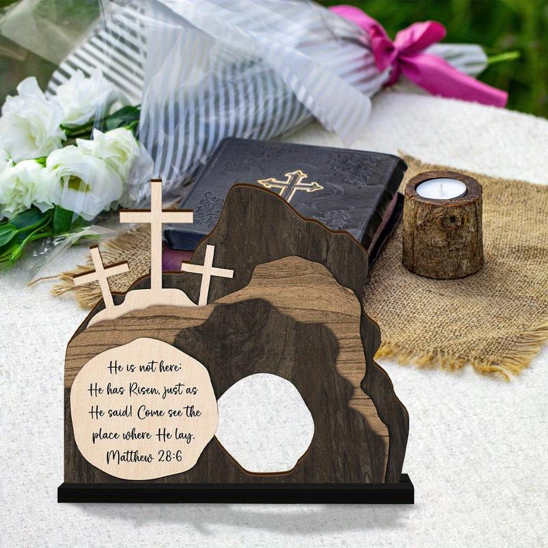 Tomb Resurrection Scene Decoration, 1 Count Wooden Jesus Nativity Themed Cross Pattern Figurines Table Decoration, Christmas Home Ornament for Living Room Bedroom