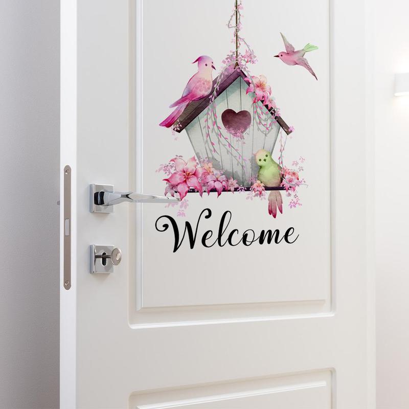 Cute Bird & House Pattern Door Sticker, Welcome Removable Self-adhesive Door Sign, Decorative Sticker for Home Living Room Front Door, Home Decor Collection