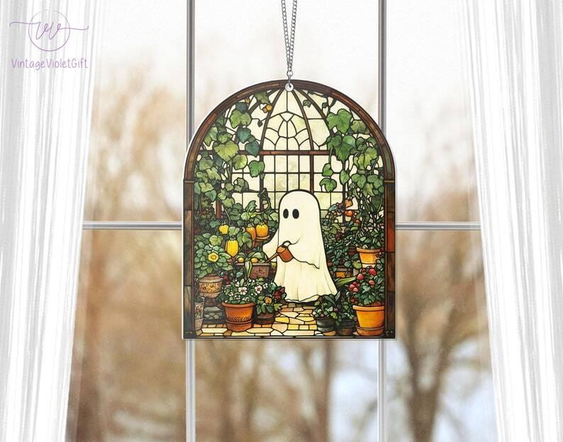 Cute Ghost Greenhouse Suncatcher Ornament, Halloween Ghost Acrylic Window Hangings, Plant Lovers Gift, Halloween Home Decor, Gift For Mom