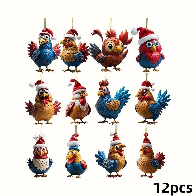 Cute Cartoon Chicken Design Hanging Ornament, 12pcs set Acrylic Bird Pendant, Festive Animal Pendant for Home and Vehicle Holiday Decoration