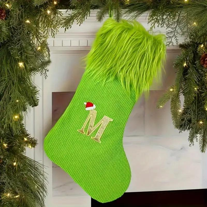 Letter Pattern Christmas Stocking, 1 Count Christmas Themed Stocking with Pom Pom Decor, Hanging Christmas Decoration for Home Party