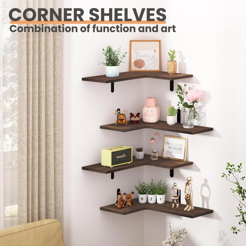 Corner Floating Wall Shelves Set of 4,Rustic Wood Shelves for Living Room, Bathroom, Bedroom,Kitchen Decor and Storage (Dark Brown) Shelf Frames Photo Wooden