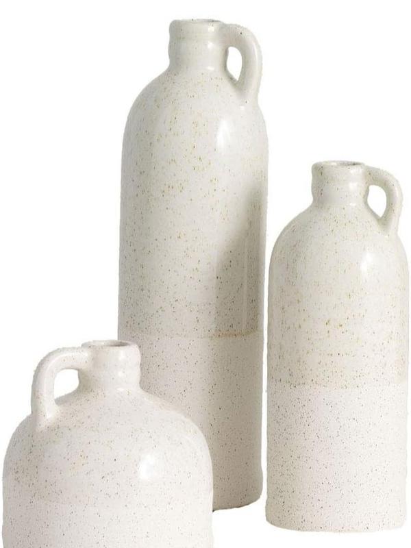 Modern Farmhouse Distressed Two-Toned White Small Ceramic Jug Set of Three (3), 4, 7.5, 10” Tall, Crackled Finish Faux Floral Jugs, Distressed Decoration