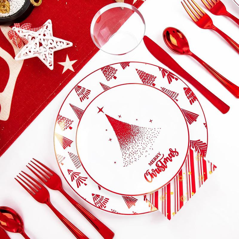 Nervure 175PCS Christmas Plastic Plates - Withe and Red Disposable Plates - Christmas Tree Plates Include 25Dinner Plates, 25Dessert Plates, 75Silverware, 25Cups, 25 Napkins for Christmas Party