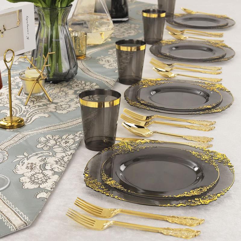 Nervure 175PCS Black Gold Plastic Plates Sets for 25 Guests Include 25 Dinner,Dessert Plates, 25 Cups,Forks,Knives,Spoons,Napkins for Parties&Birthday halloween decor