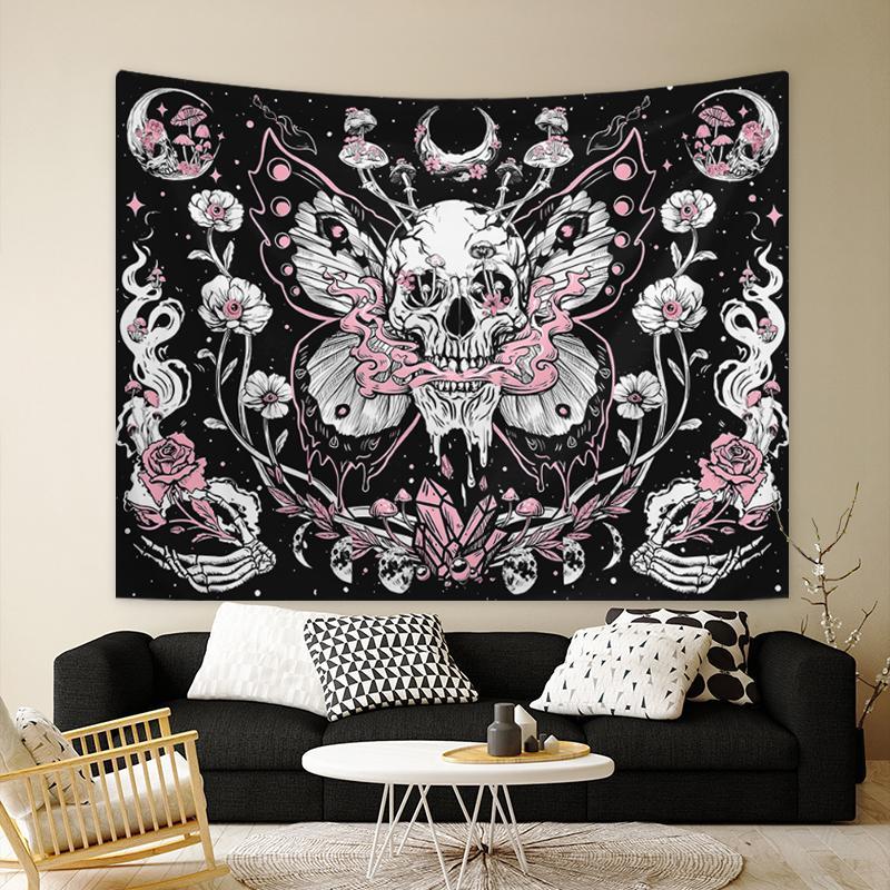 Floral & Skull Pattern Tapestry, Halloween Butterfly Mushroom Print Tapestry, Wall Hanging Decor for Home Living Room Bedroom, Room Decor