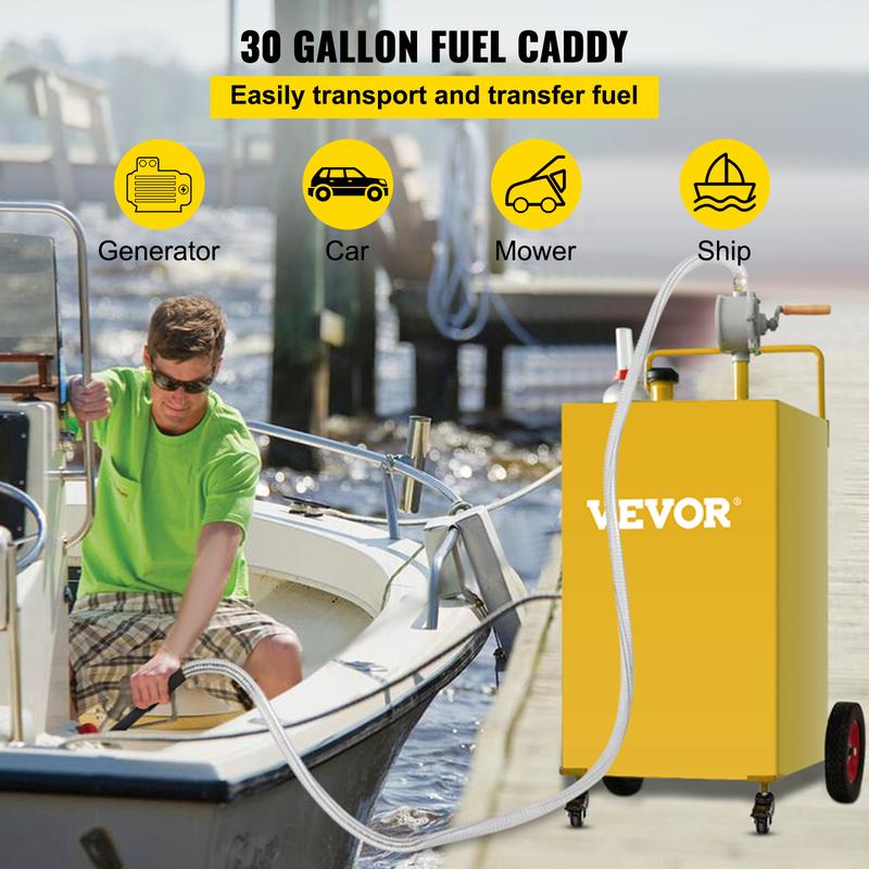 VEVOR 30 Gallon Fuel Caddy, Gas Storage Tank & 4 Wheels, with Manuel Transfer Pump, Gasoline Diesel Fuel Container for Cars, Lawn Mowers, ATVs, Boats, More, Yellow Bottles Hand