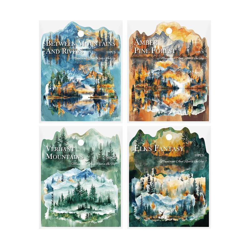 Mountain & River & Tree Pattern Sticker, 10pcs pack Scrapbooking & Stamping Sticker, DIY Decorative Sticker for Stationery Computer Water Bottle