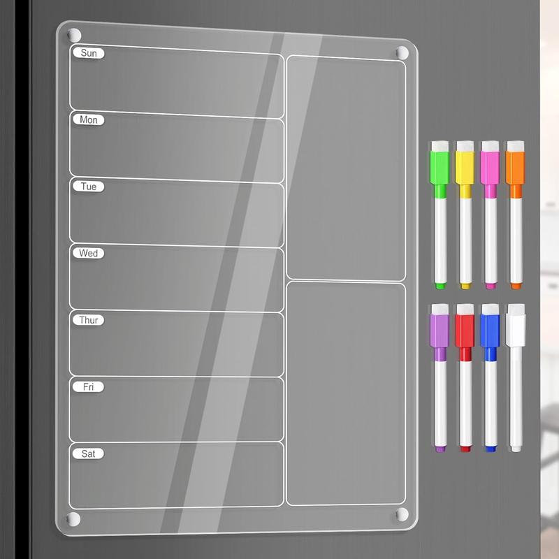 Acrylic Magnetic Calendar, Acrylic Meal Planner Magnetic Menu Board for Kitchen Fridge w  8 Markers, Clear Weekly Calendar Planning Board Noteboard Refrigerator Dry Erase Board to Do Grocery Shopping List Chore Chart, 12.8x9’’ Decor Gift