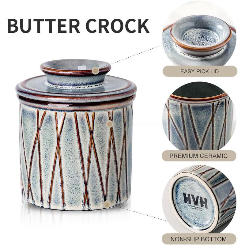 Ceramic Butter Crock, Butter Dish with Lid for Countertop, Butter Crock with Water, Butter Keeper for Counter, Butter Holder for Soft Butter