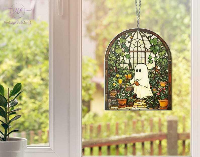 Cute Ghost Greenhouse Suncatcher Ornament, Halloween Ghost Acrylic Window Hangings, Plant Lovers Gift, Halloween Home Decor, Gift For Mom