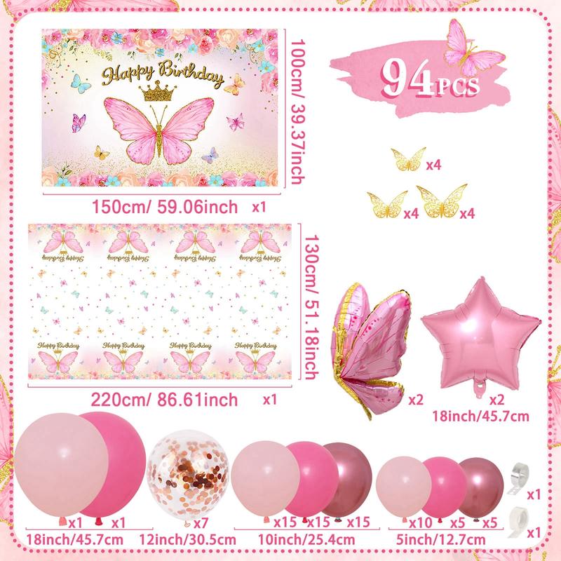 Butterfly Pink Balloon Tablecloth Backdrop Set,94pc Pink Butterfies Latex Balloon Girl Birthday Party Decoration,Happy Butterfly Birthday Ballon Decor