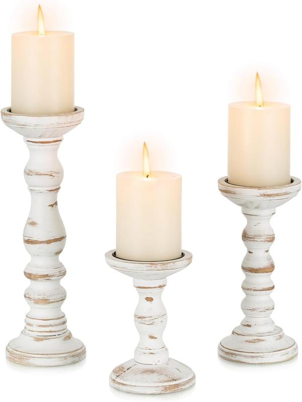 Wood Candle Holders for Pillar: Rustic Candles Holder Set of 3 Tall Table Centerpiece Decor Wooden White Farmhouse Candle Stands for Fireplace Mantle Decorations Light Lightweight