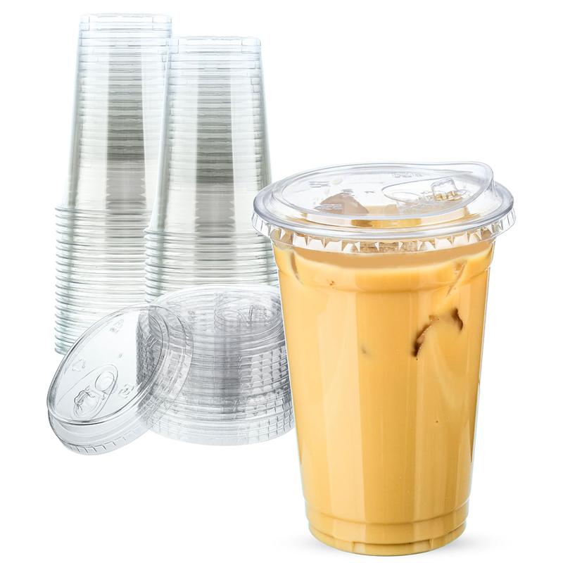 25 Sets of 20 oz Disposable Clear Plastic Cups with Sip - Lids. To-Go Iced Coffee Cups with Strawless Lids for Smoothie, Milkshake and Cold Drinks.