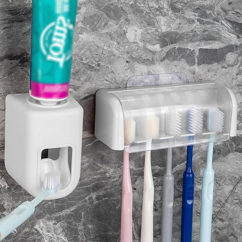 5 Slots Wall Mount Toothbrush Holder with Cover, Self Adhesive Toothbrush Storage Organizer for Shower, with Automatic Toothpaste Squeezer Dispenser