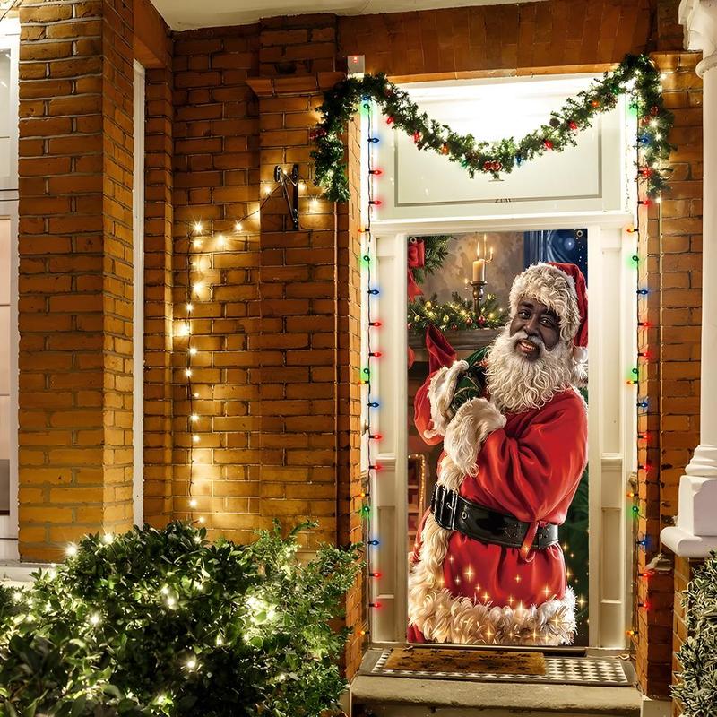 Santa Claus Door Cover, 1 Count Christmas Themed Door Decoration, Door Hanging Decoration with 4 Rings, Festive & Party Supplies