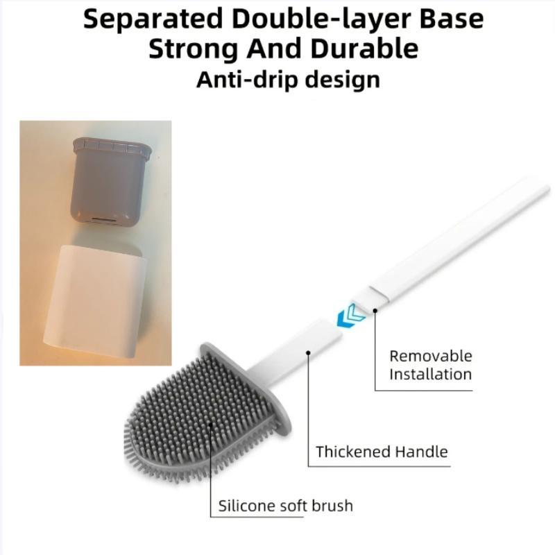 Wall Mounted Detachable Toilet Brush with Base, 1 Count Flexible Long Handle Silicone Toilet Brush with Holder, Bathroom Cleaning Tool, Summer Fathers Day Gift