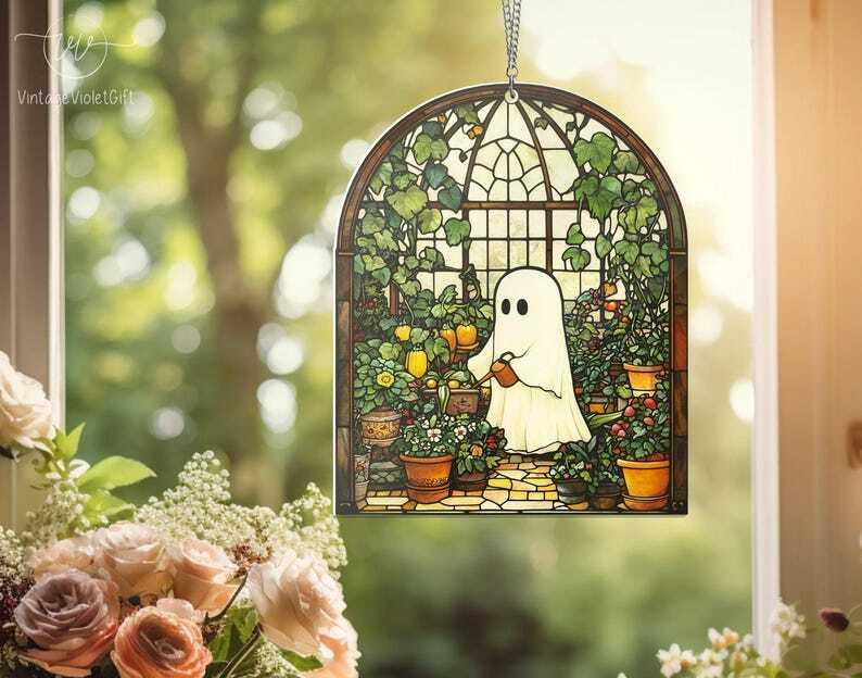 Cute Ghost Greenhouse Suncatcher Ornament, Halloween Ghost Acrylic Window Hangings, Plant Lovers Gift, Halloween Home Decor, Gift For Mom