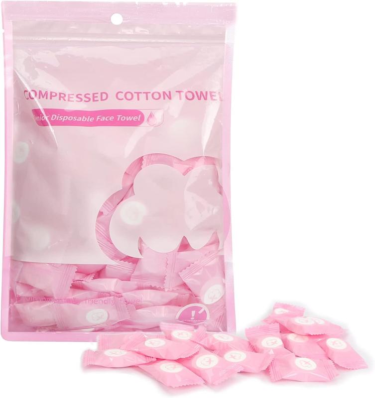 Compressed Towel 100 PCS Mini Tablets Disposable Portable Face Towel Cotton Coin Tissue for Travel, Camping, Hiking, Sport, Beauty Salon, Home Hand Wipes and Other Outdoor Activities Pink Kitchen Lightweight