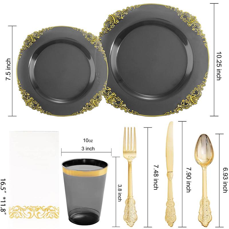 Nervure 175PCS Black Gold Plastic Plates Sets for 25 Guests Include 25 Dinner,Dessert Plates, 25 Cups,Forks,Knives,Spoons,Napkins for Parties&Birthday halloween decor