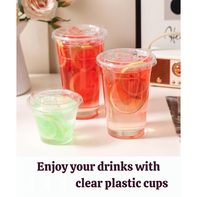 25 Sets of 20 oz Disposable Clear Plastic Cups with Sip - Lids. To-Go Iced Coffee Cups with Strawless Lids for Smoothie, Milkshake and Cold Drinks.