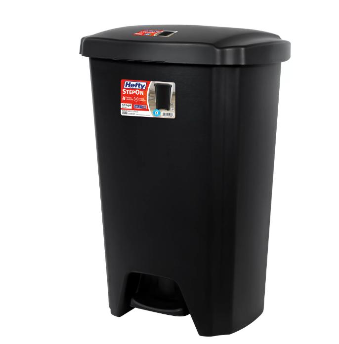 Durable Plastic Step-On Kitchen Trash Can, 12.1 Gallon Capacity, Black