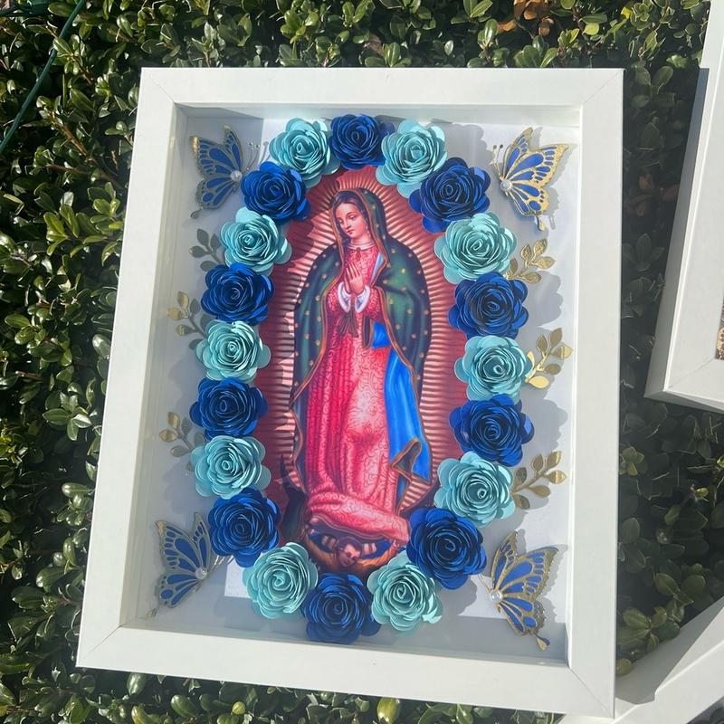 Virgin of Guadalupe Virgencita Floral Shadow Box-8x10”