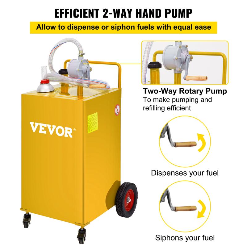 VEVOR 30 Gallon Fuel Caddy, Gas Storage Tank & 4 Wheels, with Manuel Transfer Pump, Gasoline Diesel Fuel Container for Cars, Lawn Mowers, ATVs, Boats, More, Yellow Bottles Hand