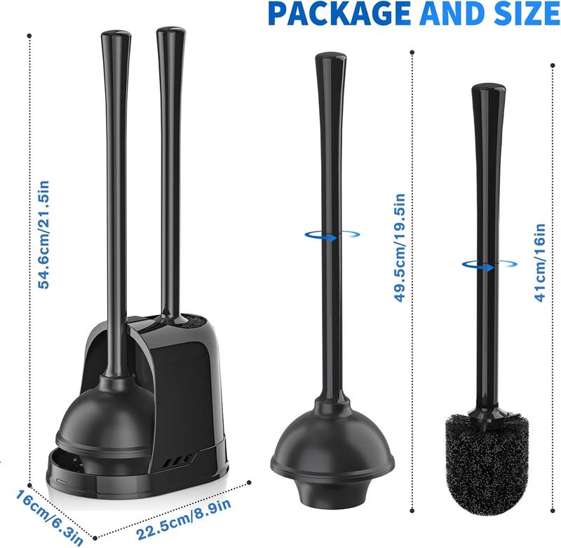 Toilet Plunger and Brush, Bowl Brush and Heavy Duty Toilet Plunger Set with Ventilated Holder, 2-in-1 Toilet Brush and Plunger Combo for Bathroom Cleaning (Black, 1 Set)