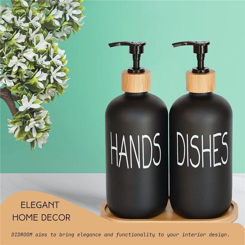 Hand Soap and Dish Soap Dispenser with Bamboo Tray Vintage Soap Dispenser with Pump  (Matte Black) Gift Glass Set Bottles Waterproof Kitchen