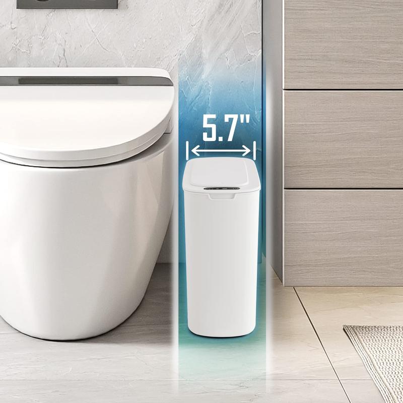 Automatic Motion Sensor Bathroom Trash Can with Lid, 2.6 Gallon Touchless Trash Can, Smart Plastic Slim Trash Can Small White Wastebasket, Hand Light