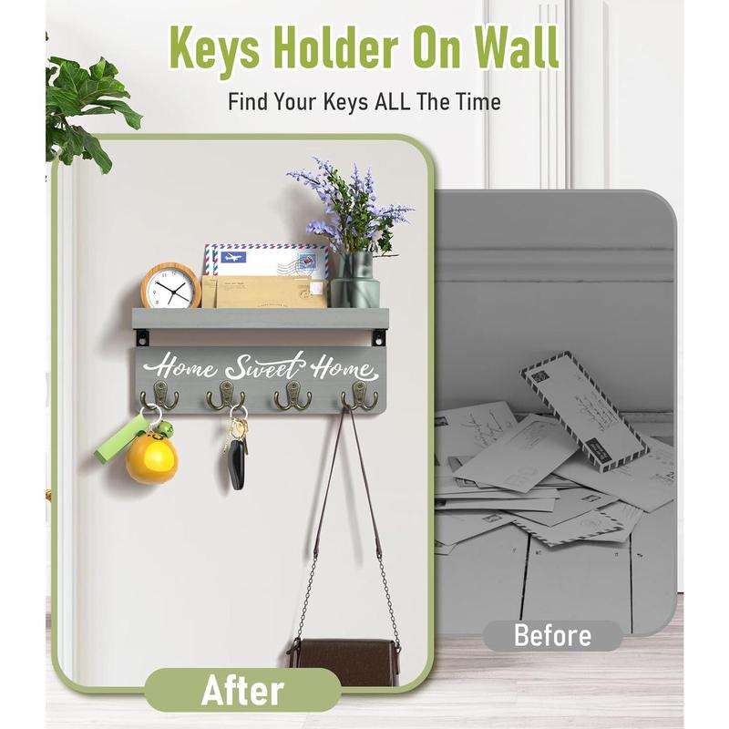 Key Holder Wall-Mounted Key and Mail Holder, Wooden Key Rack Key Holder for Wall with 4 Double Key Hooks, Rustic Wall Home Decor for Entryway(Gray)