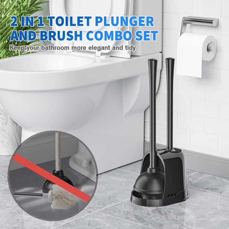 Toilet Plunger and Brush, Bowl Brush and Heavy Duty Toilet Plunger Set with Ventilated Holder, 2-in-1 Toilet Brush and Plunger Combo for Bathroom Cleaning (Black, 1 Set)