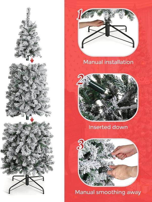 4.5 6.5 7.5 9Ft OasisCraft Snow Flocked Artificial Pencil Christmas Tree, Hinged Snowy Slim Xmas Tree Outdoor for Festive Holiday Decoration (Un-lit, 4 Sizes)