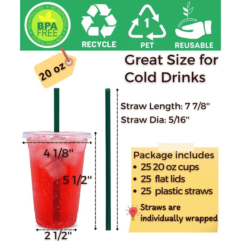 25 Pcs 20 oz Plastic Cups, with Lids and Straws. Disposable Clear Plastic Cups, Suitable for Iced Coffee, Smoothie, Milkshake and Cold Drinks. Pack