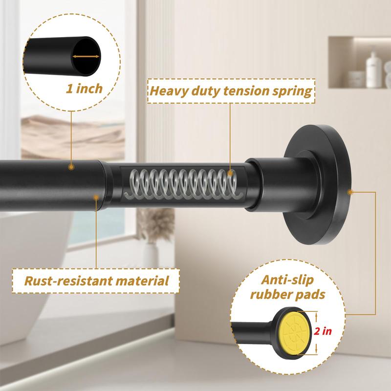 Shower Curtain Rod Adjustable 30-80 Inch with Bracket, Rust-Proof Spring, Tension Shower Curtain Rod, No Drilling Required, Black, Stainless Steel