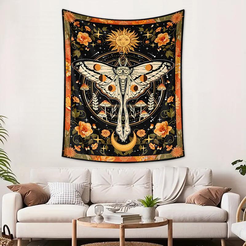 Bohemian Style Sun & Moon Pattern Tapestry, 1 Count Vintage Flower Pattern Tapestry with Free Installation Accessories, Wall Hanging for Home Living Room Bedroom Decor