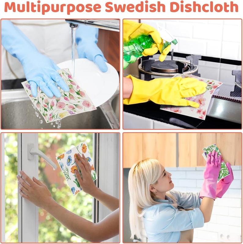 6 Pack Swedish Dishcloths for Kitchen, Reusable Paper Towels Swedish Dish Towels with Clips, Absorbent Dish Cloth No Odor for Cleaning Home KitchenBright Flower Patterns