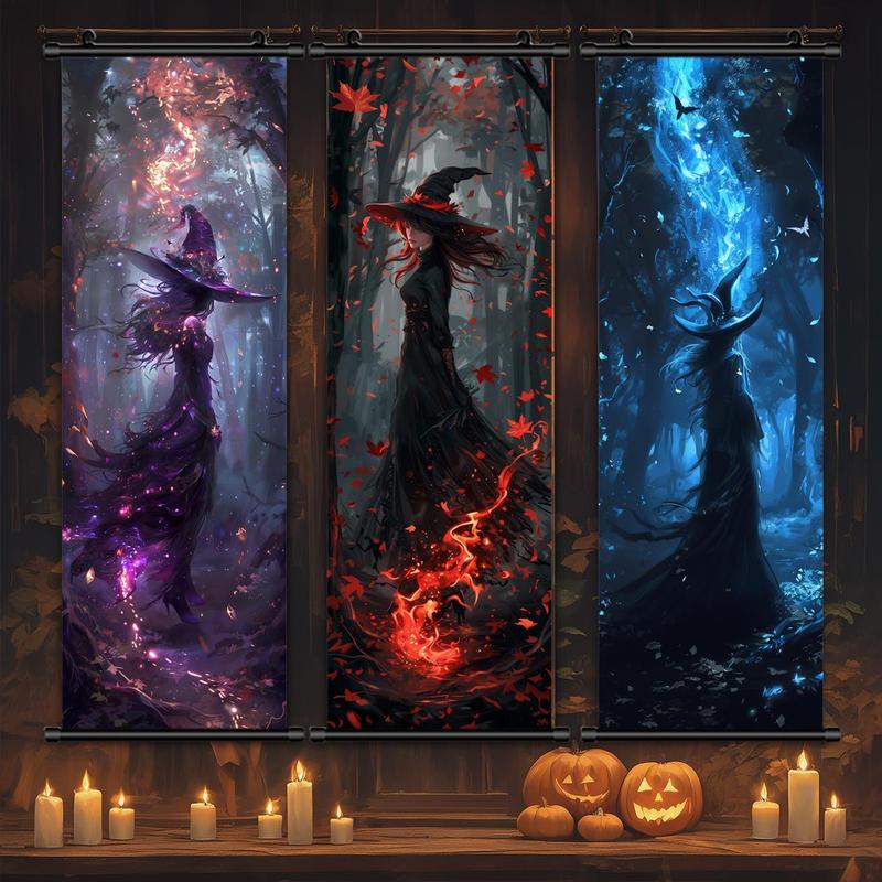 Witch Pattern Hanging Banner, 3 Counts set Mysterious Flame Pattern Wall Art, Wall Decor for Home Living Room Bedroom Party, Home Decor