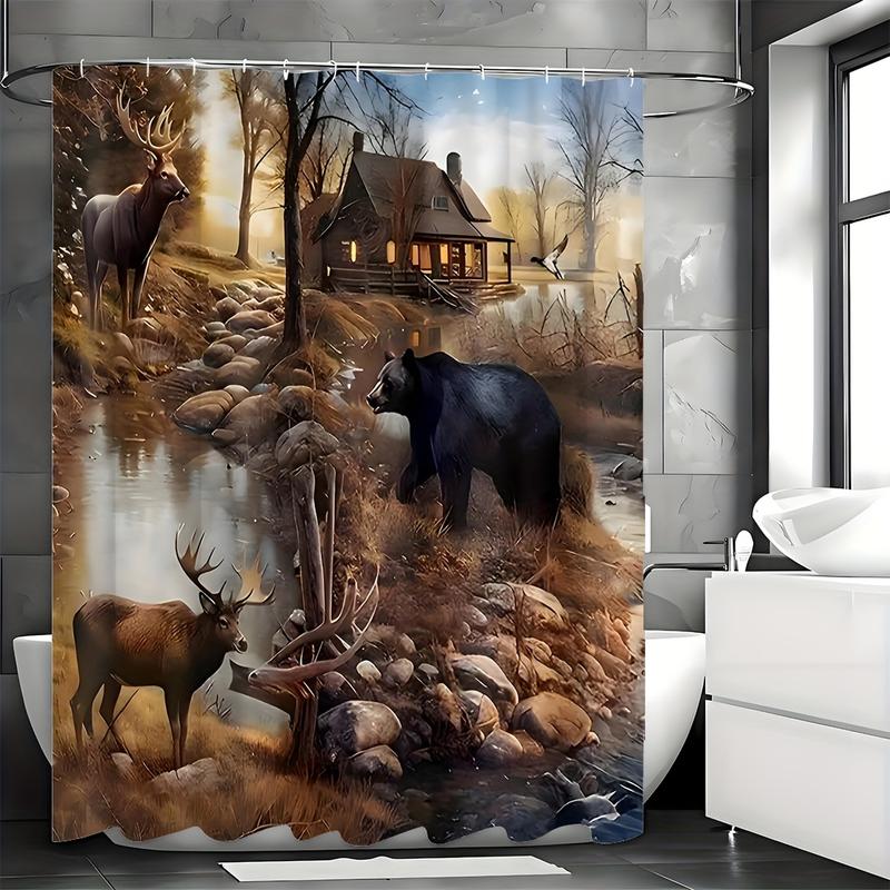 1pcs Bear & Deer Forest Splendor Bathroom Decor Set - Waterproof Shower Curtain with 12 Hooks,Create a Magical Sanctuary