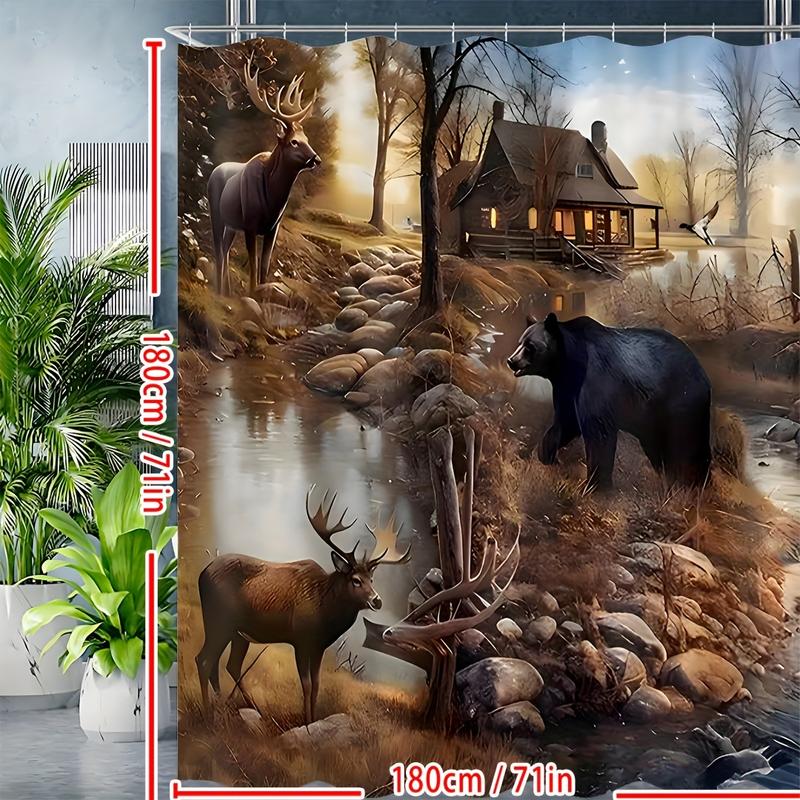 1pcs Bear & Deer Forest Splendor Bathroom Decor Set - Waterproof Shower Curtain with 12 Hooks,Create a Magical Sanctuary