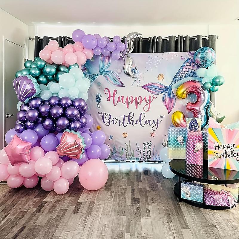 Mermaid Tail Pattern Birthday Party Backdrop, 1 Count Under The Sea Birthday Party Decoration, Mermaid Tails Photography Background