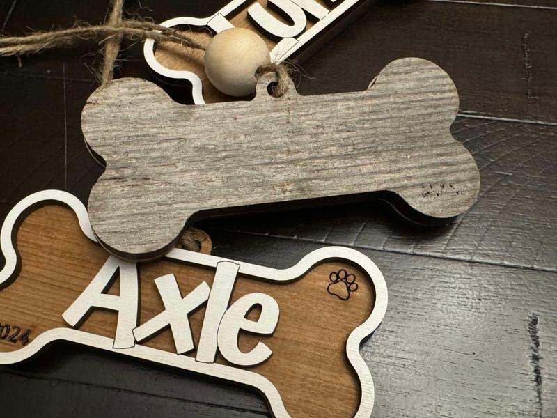 Reclaimed Wood Dog Bone Ornament Hanging Charm customized with name