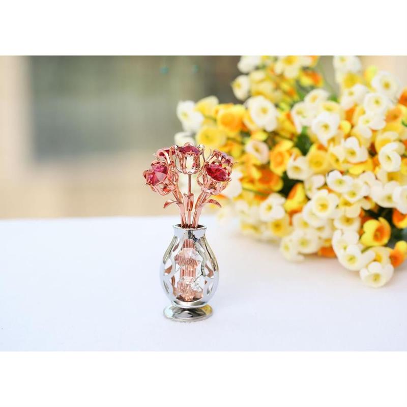 Matashi Gift for Her - Flowers Bouquet in Vase Ornament with Red Crystals, Gift Basket Ideas for Women - Rose Gold Plated Flower Gift for Mom on Mother's Day