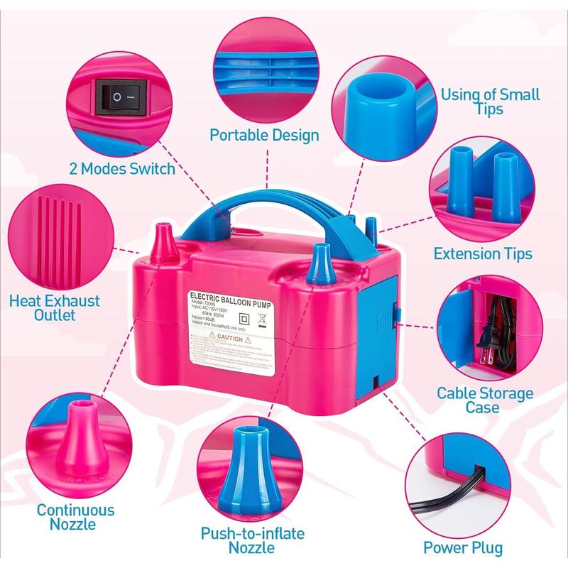 Electric Air Balloon Pump, Rose Red Portable Dual Nozzle Inflator Blower for Party Decoration