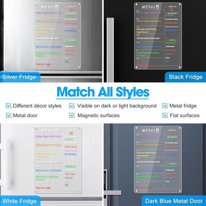 Acrylic Magnetic Calendar, Acrylic Meal Planner Magnetic Menu Board for Kitchen Fridge w  8 Markers, Clear Weekly Calendar Planning Board Noteboard Refrigerator Dry Erase Board to Do Grocery Shopping List Chore Chart, 12.8x9’’ Decor Gift