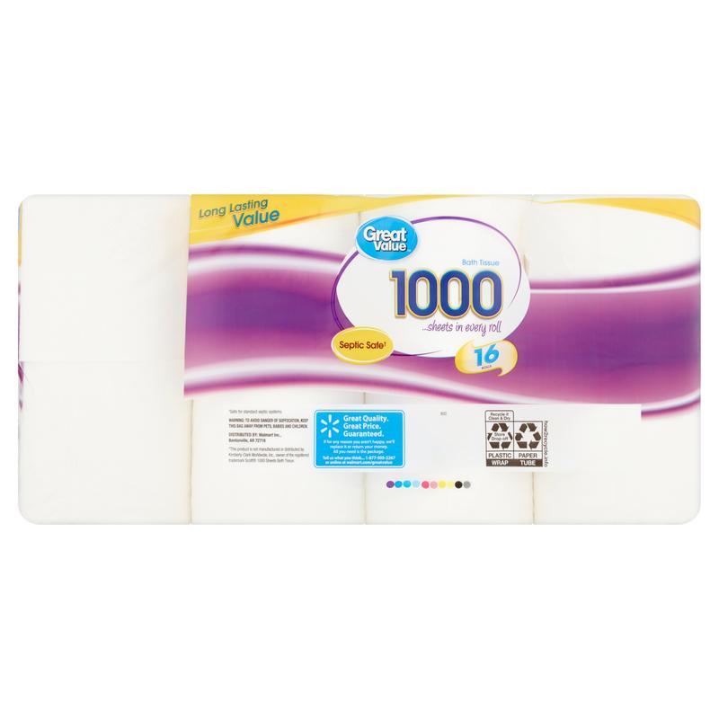 Great Value 1-Ply Tissue 1000 Sheets per Roll, 16 Rolls Bath Tissue Napkin