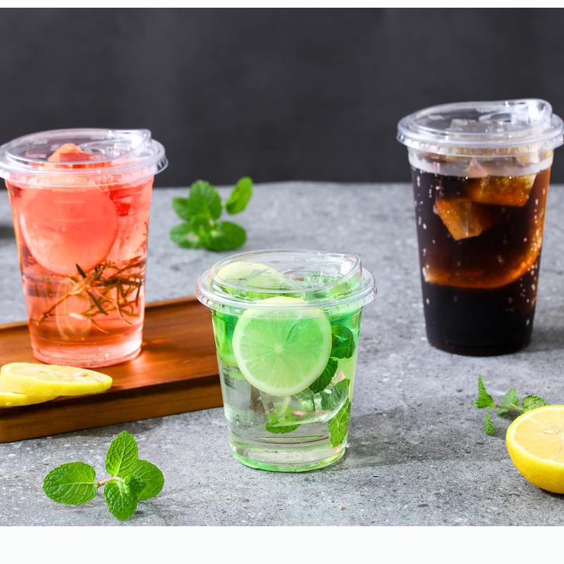 25 Sets of 20 oz Disposable Clear Plastic Cups with Sip - Lids. To-Go Iced Coffee Cups with Strawless Lids for Smoothie, Milkshake and Cold Drinks.