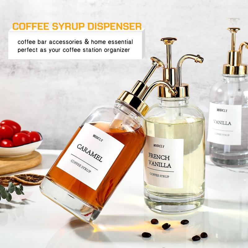 4 Pcs Syrup Dispenser For Coffee Bar, Coffee Syrup Pump Dispenser Glass Bottle, Coffee Bar Accessories 16.9oz Syrup Dispenser With Labels,Syrup Pump Dispenser For Coffee Bar Set Organiser