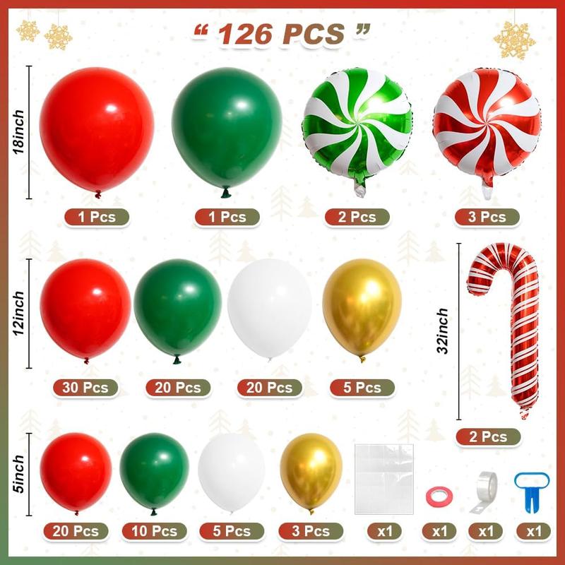 126 Red Green White Christmas Balloon Garland Arch Kit, Gingerbread Holiday Balloon Arch Kit Xmas Christmas Decorations Balloons Christmas Party Garland Balloons Candy Cane Balloon Arch Kit